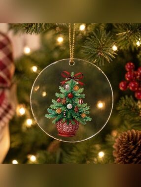 NWT Clear Acrylic Christmas Tree Ornament Round 3" Holiday Decor w/ Gold String